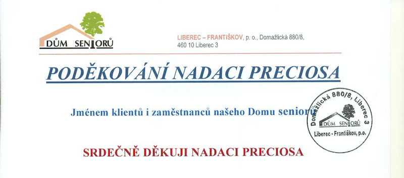 Poděkování nadaci Preciosa